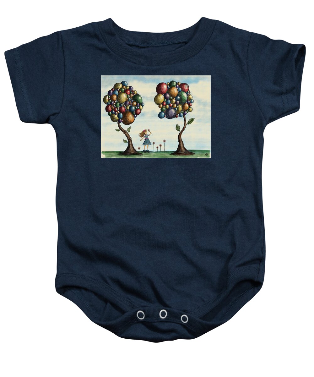 Illustration Baby Onesie featuring the drawing Basie and the Gumball Trees by Christina Wedberg