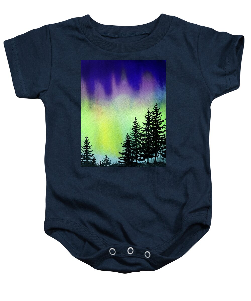 Aurora Borealis With Landscape Trees Watercolor Baby Onesie featuring the painting Beautiful Northern Aurora Borealis Lights With Forest Silhouette Watercolor Painting I by Irina Sztukowski
