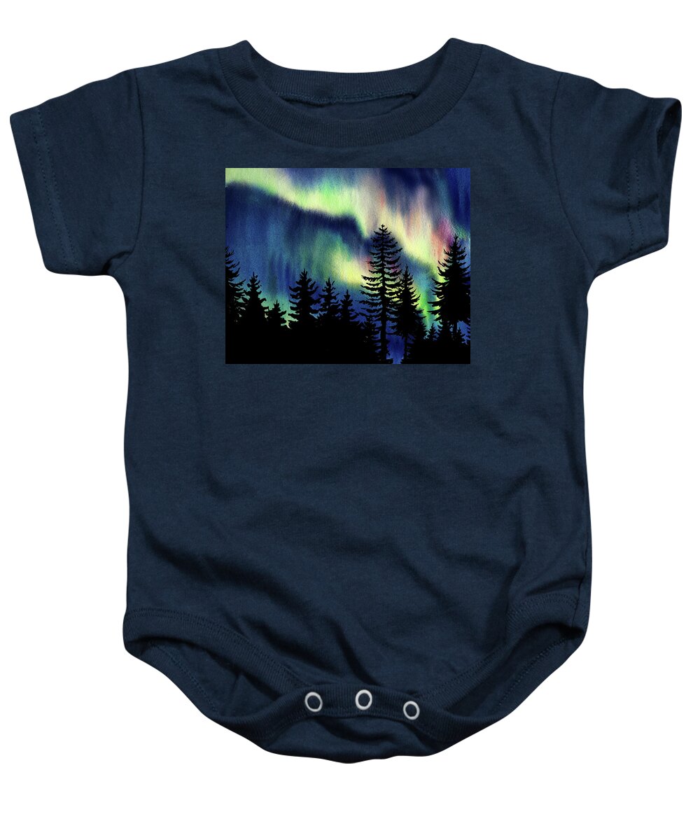 Aurora Borealis With Landscape Trees Watercolor Baby Onesie featuring the painting Beautiful Northern Aurora Borealis Lights With Forest Silhouette Watercolor Painting VI by Irina Sztukowski