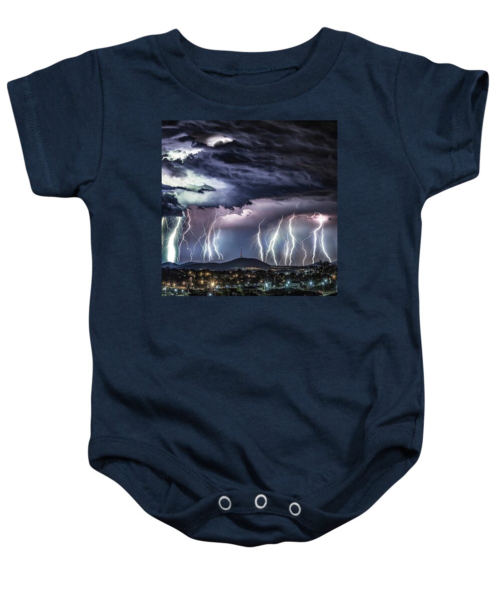 Lightning Baby Onesie featuring the photograph Black Mountain by Ari Rex
