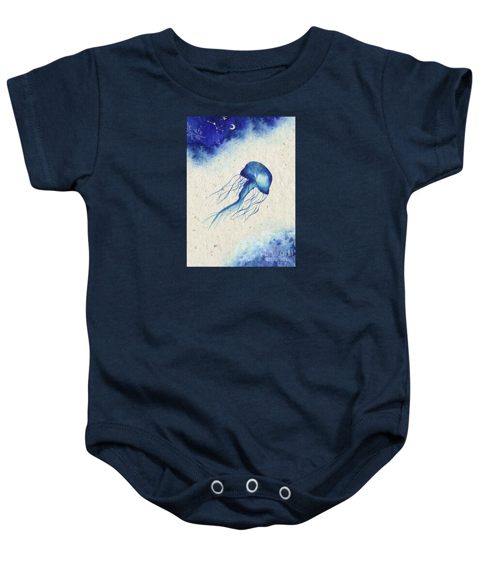 Blue Jellyfish Baby Onesie featuring the painting Blue Jellyfish by Garden Of Delights
