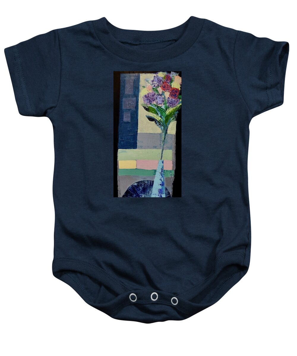Mixed Media Baby Onesie featuring the mixed media Blue Vase with Flowers by Julia Malakoff