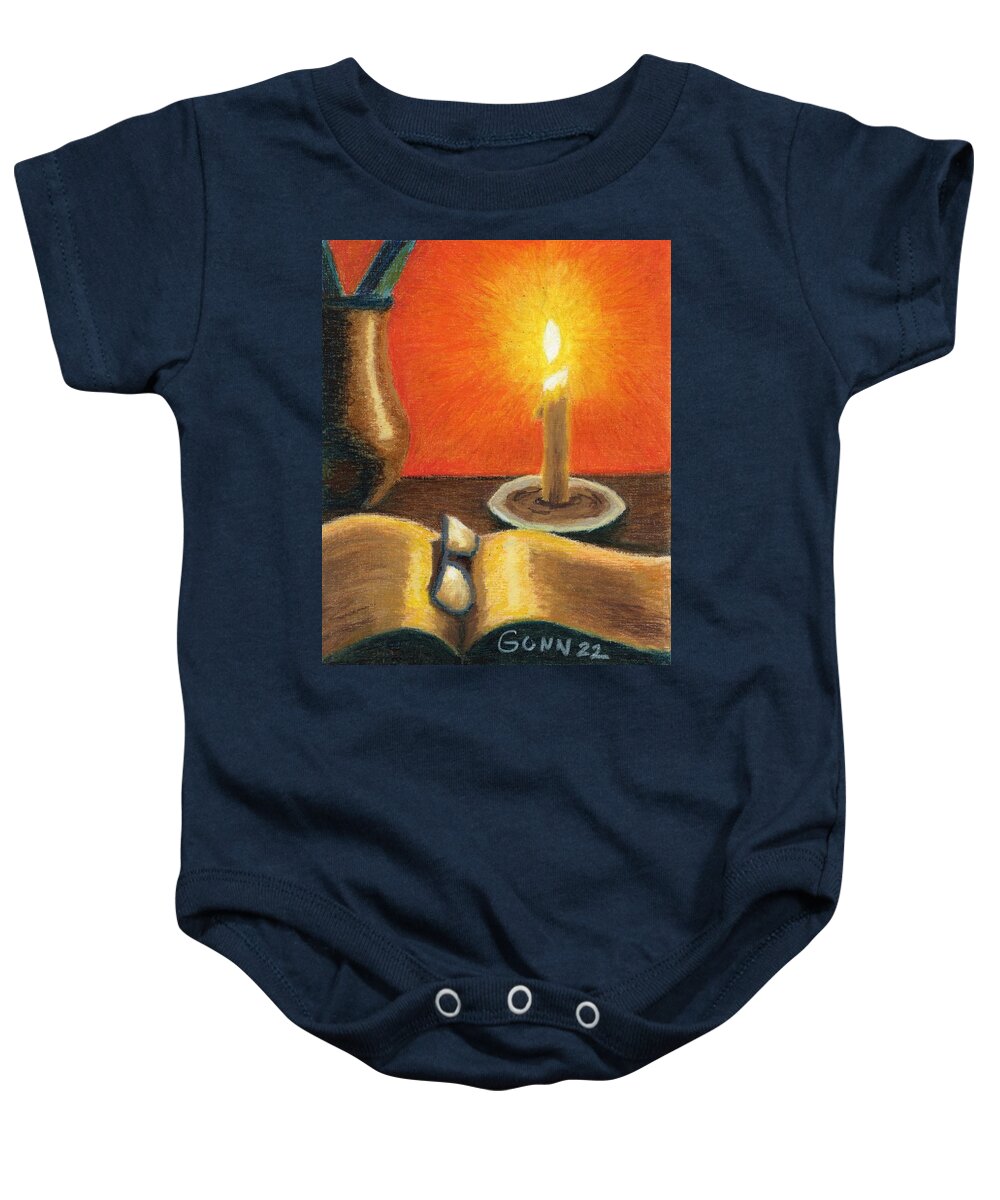 Still Life Baby Onesie featuring the pastel Book Reading by Candle Light by Katrina Gunn