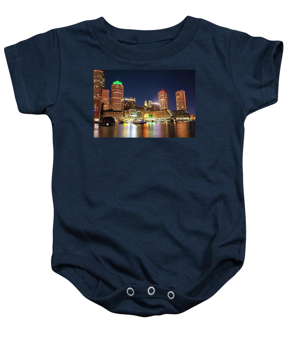 Boston Baby Onesie featuring the photograph Boston Lit Up for Saint Patricks Day on The Boston MA Waterfront by Toby McGuire