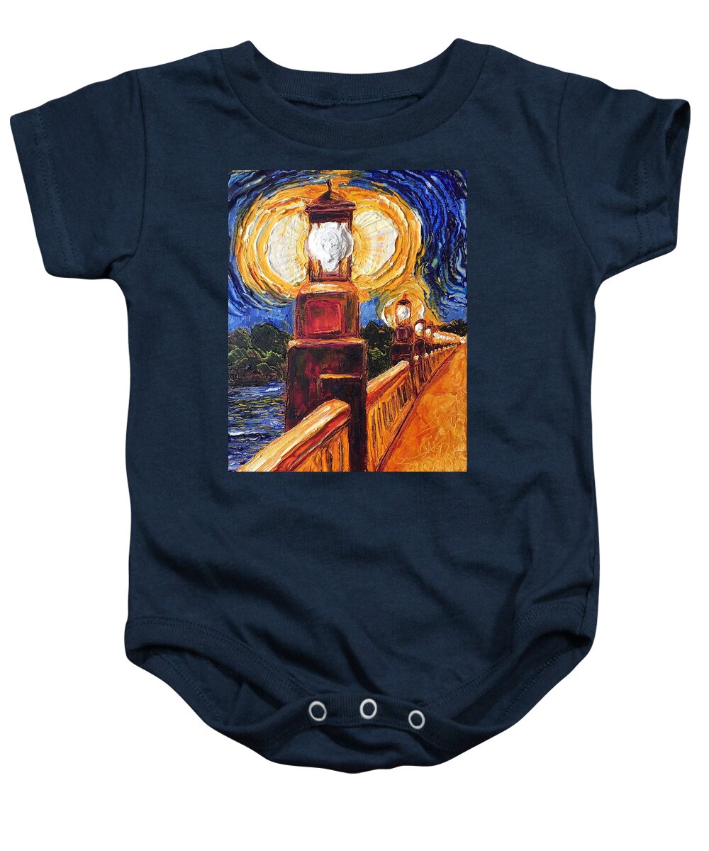 Bridge Baby Onesie featuring the painting Wrightsville PA Bridge Light at Night by Paris Wyatt Llanso