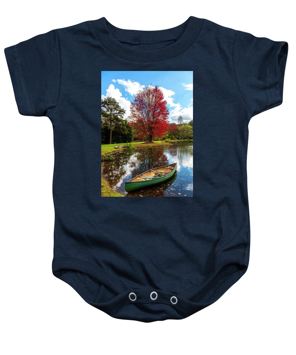 Boats Baby Onesie featuring the photograph Canoe at the Red Maple Tree by Debra and Dave Vanderlaan