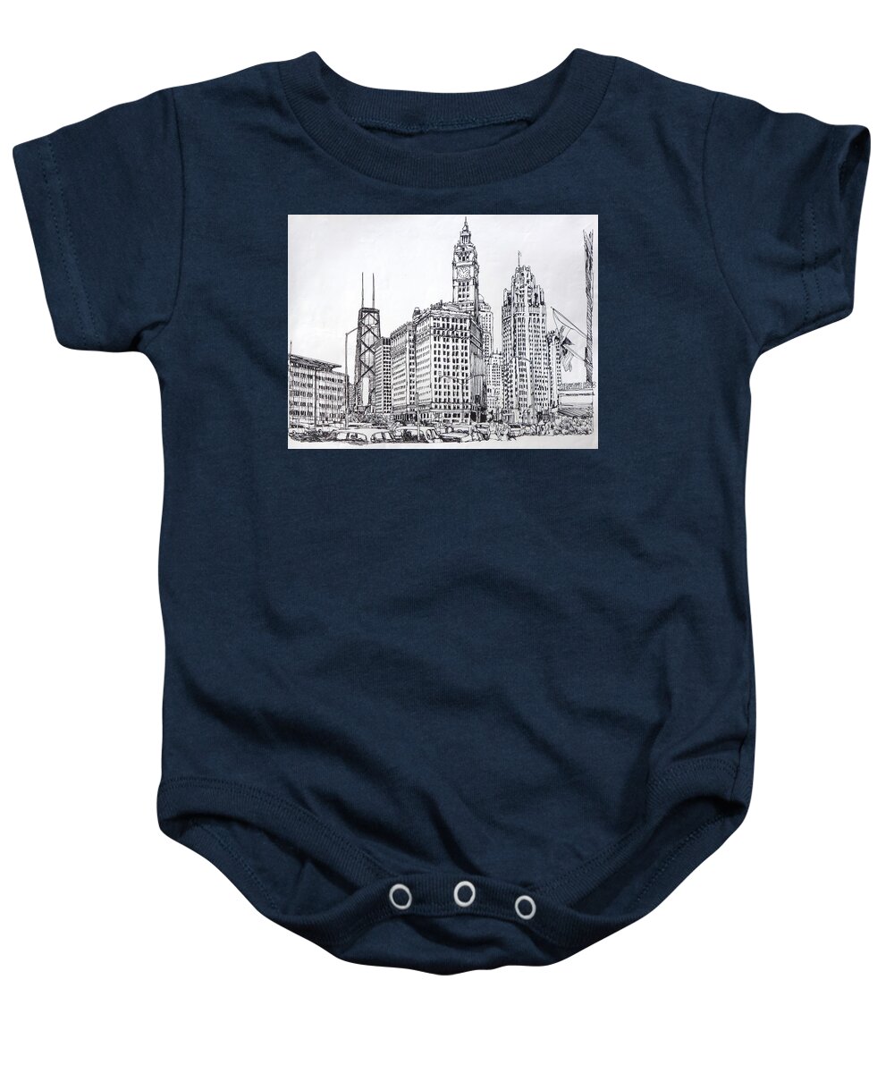 Chicago Downtown - Featuring The Old Sun Times; Hancock; Wrigley And Tribune Baby Onesie featuring the drawing Chicago Downtown by Robert Birkenes