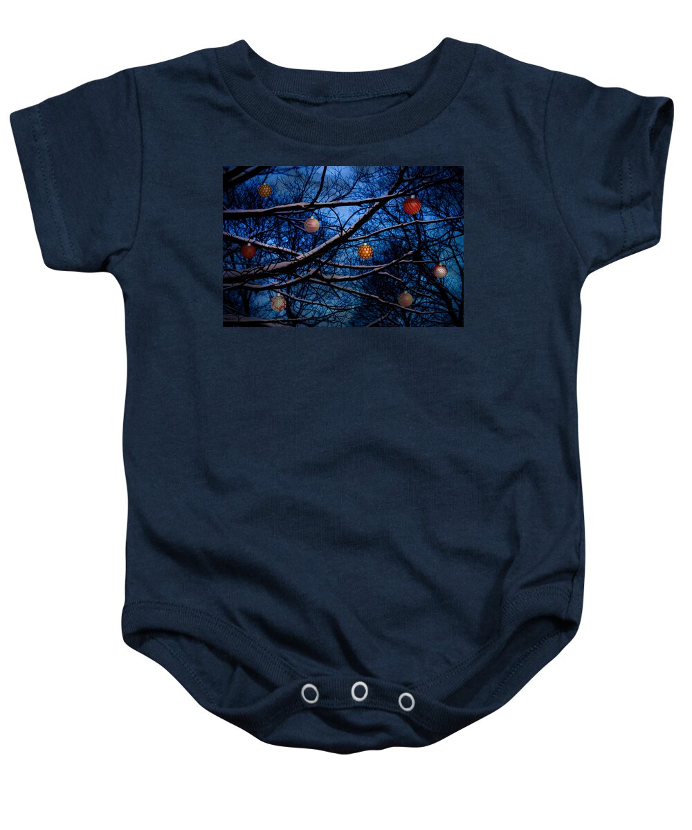 Christmas Baby Onesie featuring the mixed media Christmas Dusk by Moira Law