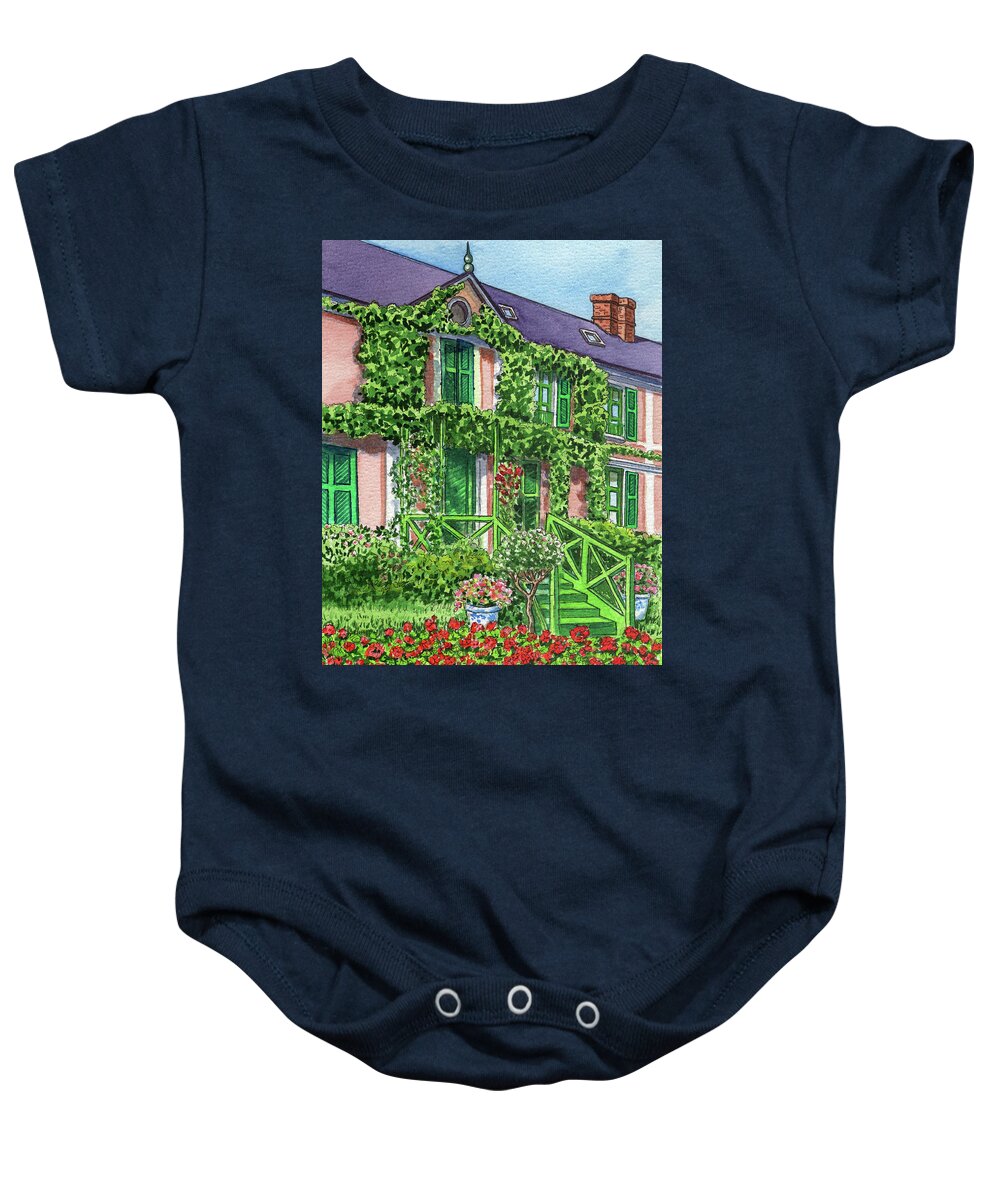 French Baby Onesie featuring the painting Claude Monet House Giverny Town France Watercolor Impressionism by Irina Sztukowski
