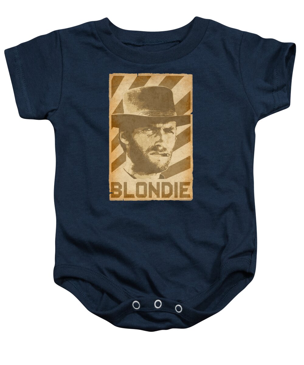 Clint Baby Onesie featuring the digital art Clint Eastwood Blondie Retro Propaganda by Megan Miller
