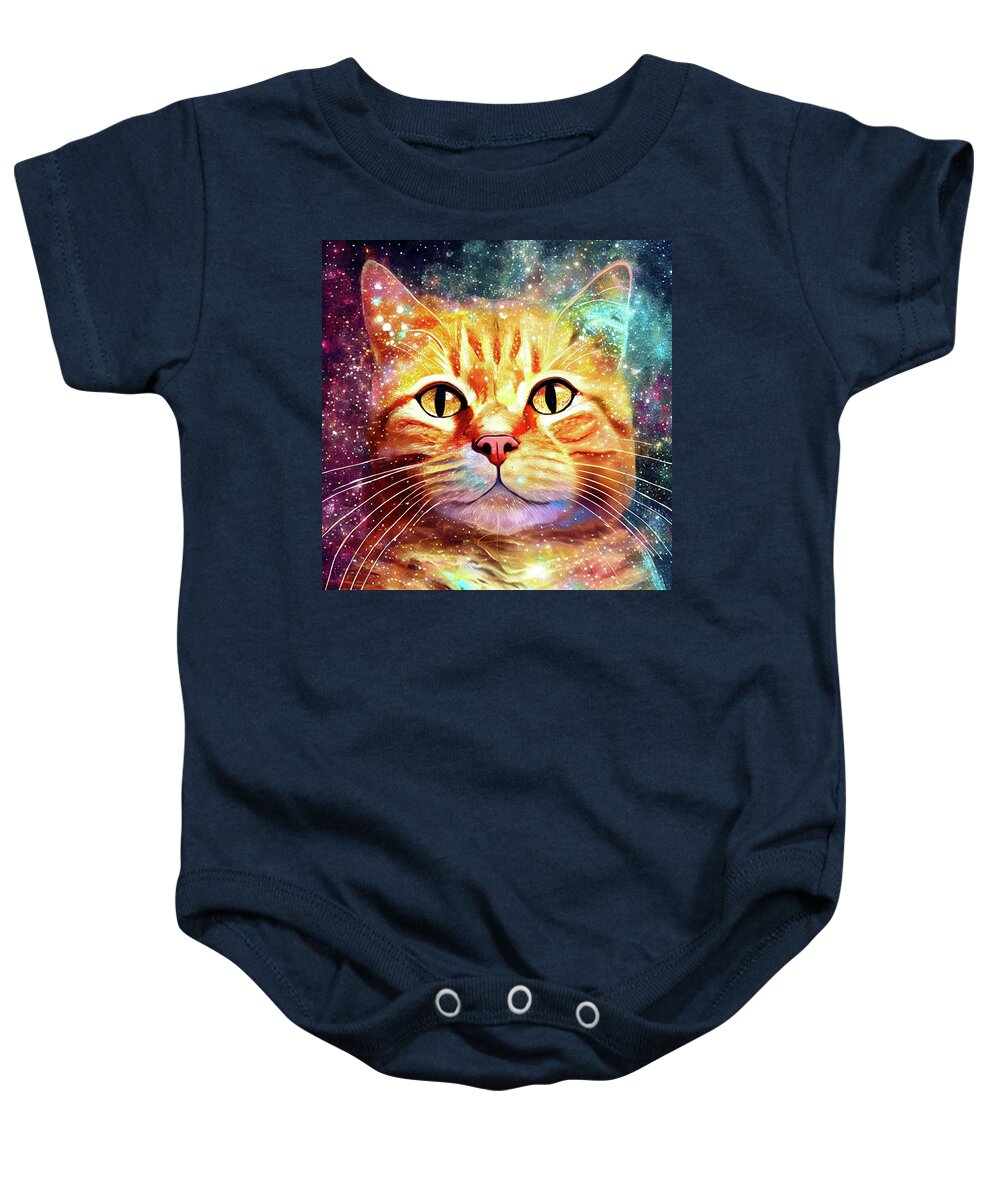Ginger Cat Baby Onesie featuring the mixed media Cosmic Ginger Kitty With Amber Eyes by Mark Tisdale
