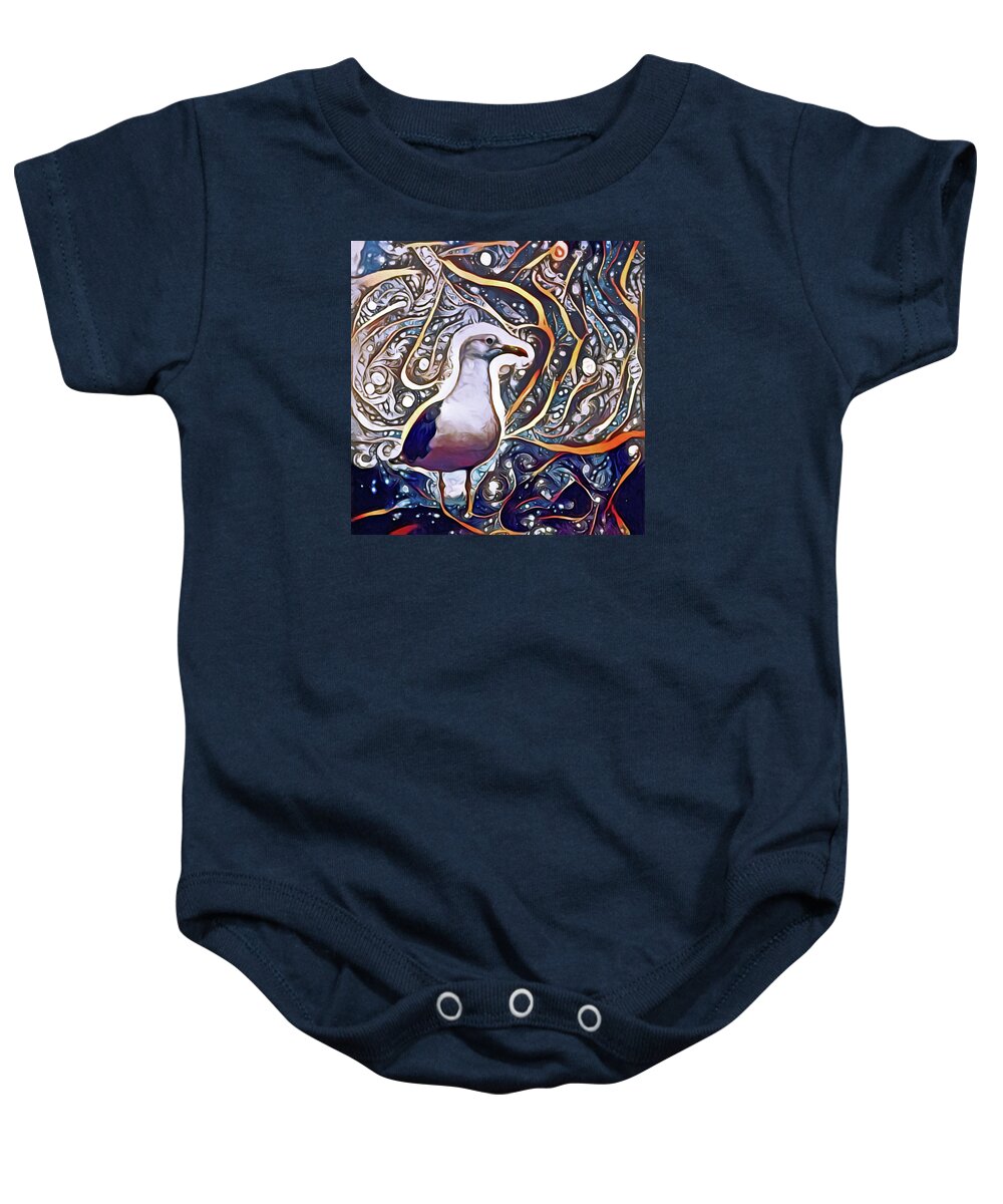 Cosmic Seagull Baby Onesie featuring the pastel Cosmic Seagull by Susan Maxwell Schmidt
