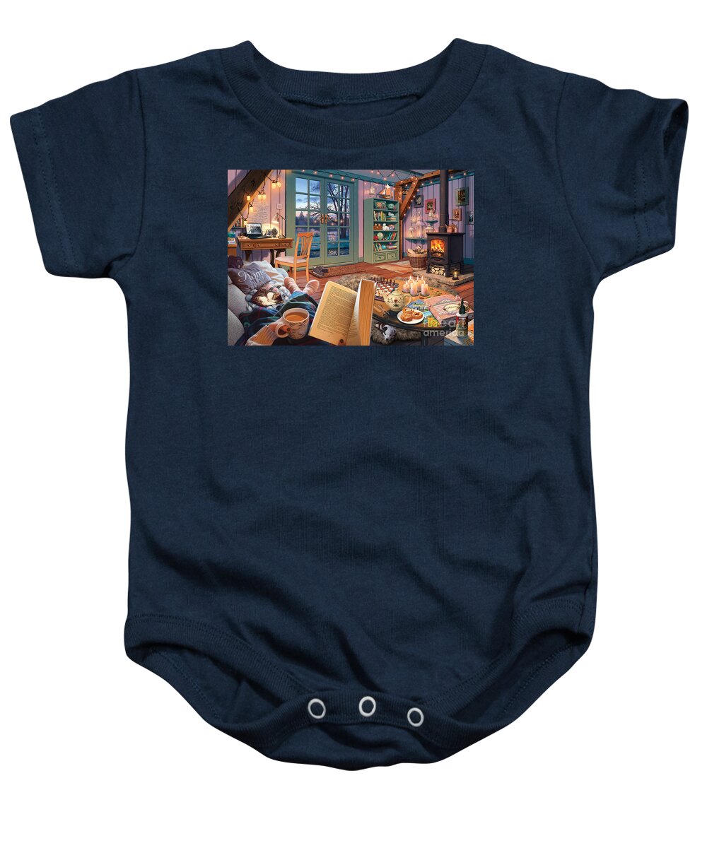 Cabin Baby Onesie featuring the digital art Cosy Cabin by MGL Meiklejohn Graphics Licensing