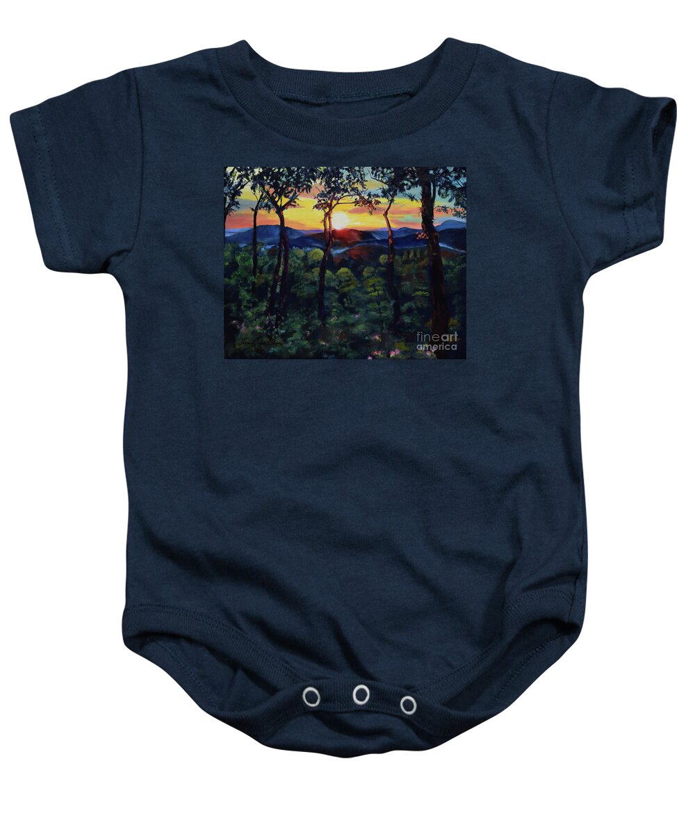 Sunset Baby Onesie featuring the painting Davids Sunset - Ellijay - North Ga Mountains by Jan Dappen