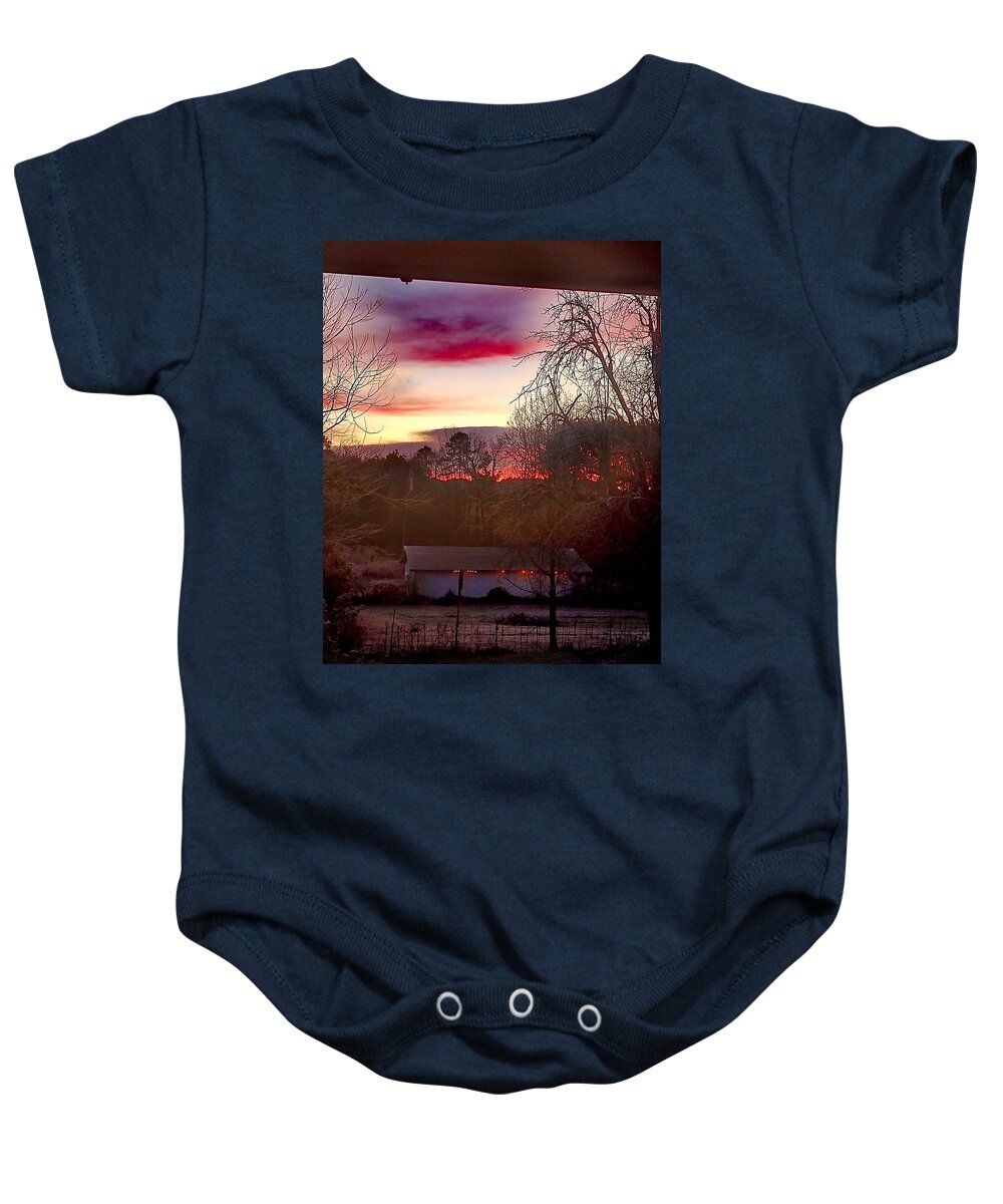 Dawn Pasture Baby Onesie featuring the digital art Dawn Over The Pasture by Pamela Smale Williams