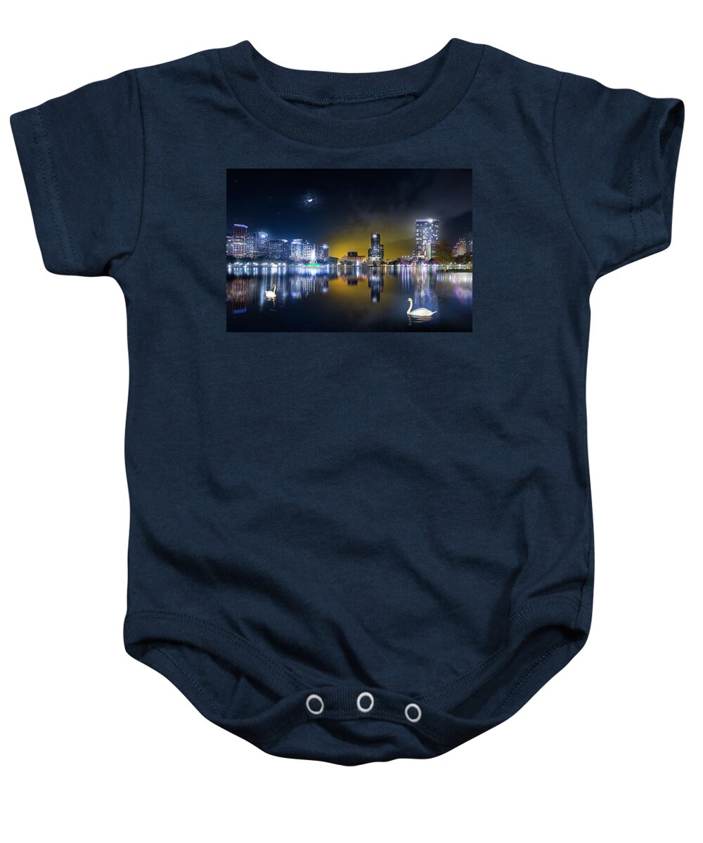 Ake Eola Baby Onesie featuring the photograph Downtown Orlando Sunset and Crescent Moon by Mark Andrew Thomas