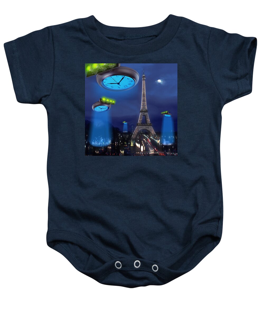 Clock Faces Baby Onesie featuring the photograph European Time Travelers SQ by Mike McGlothlen