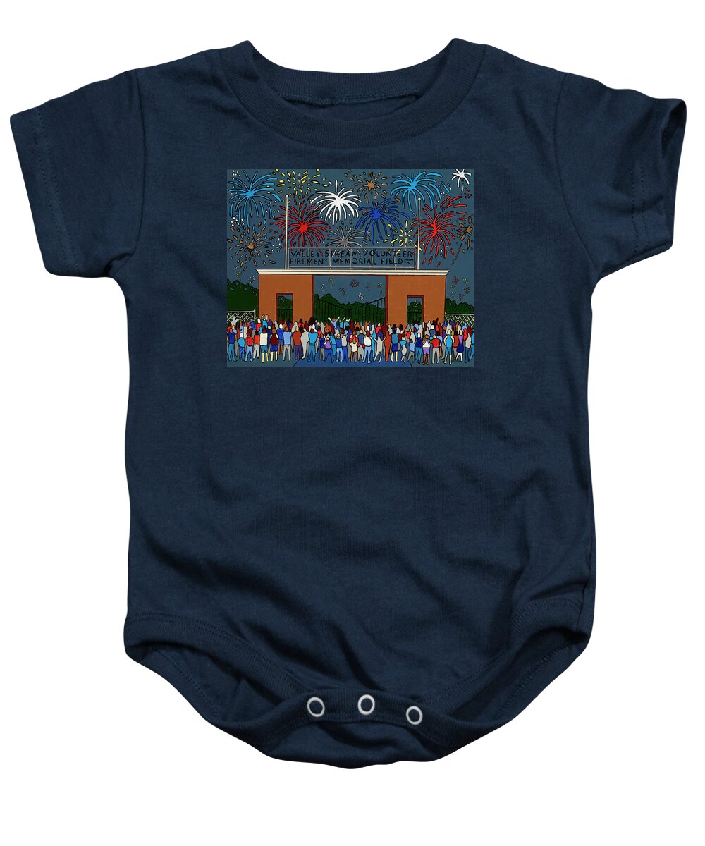 4thof July Independence Day Fireworks Firemen's Field Valleystream Newyork Baby Onesie featuring the painting Fireworks at Firemen's Field by Mike Stanko
