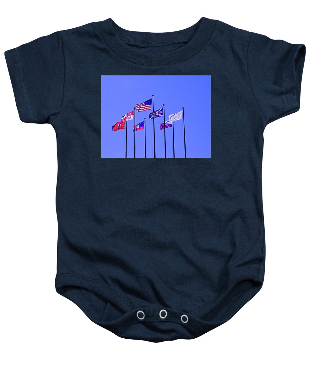 America Baby Onesie featuring the photograph Flags On A Blue Sky by David Desautel