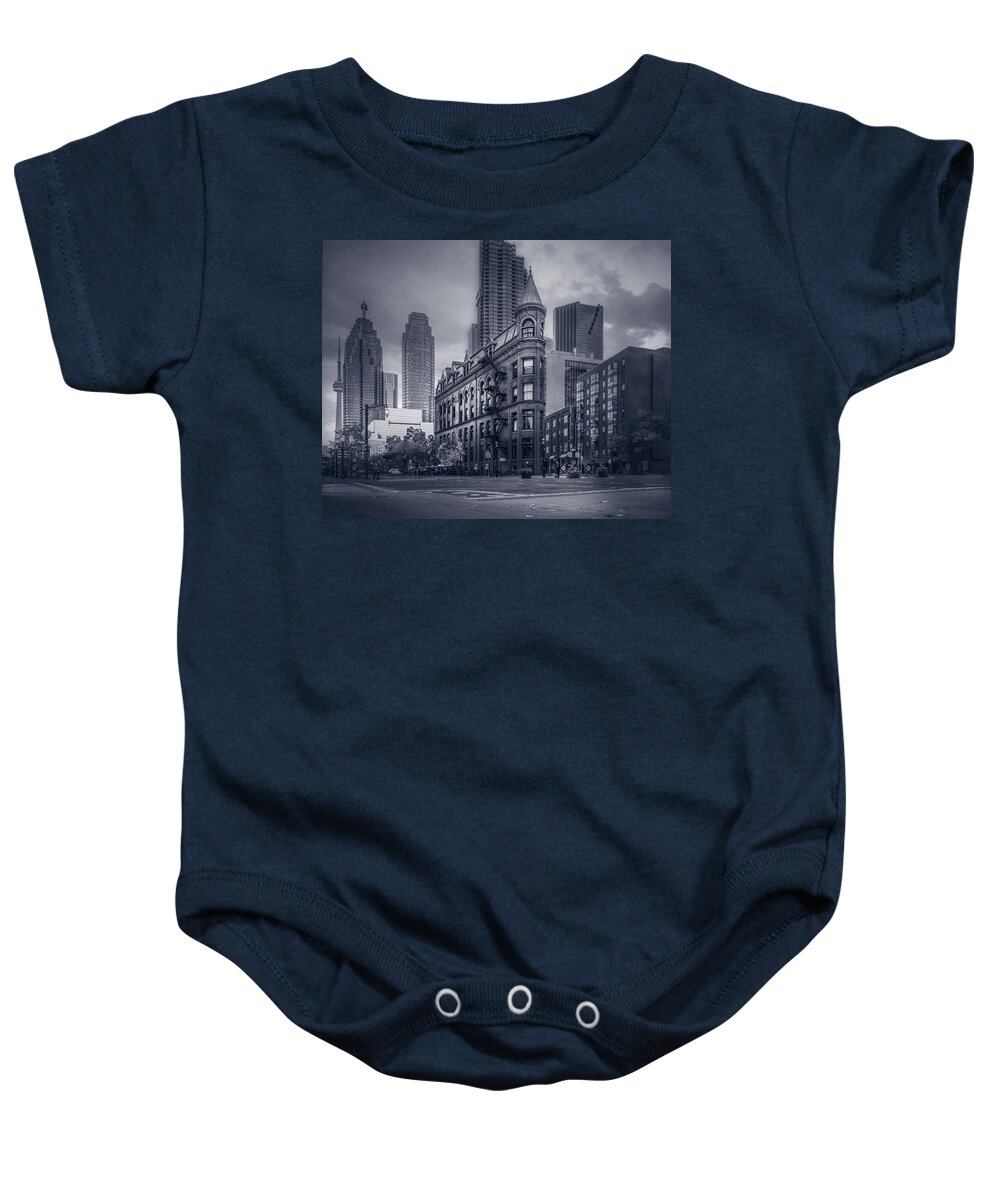 Gooderham Building Baby Onesie featuring the photograph Flatiron Building Toronto - Urban Sunset BW by Dee Potter