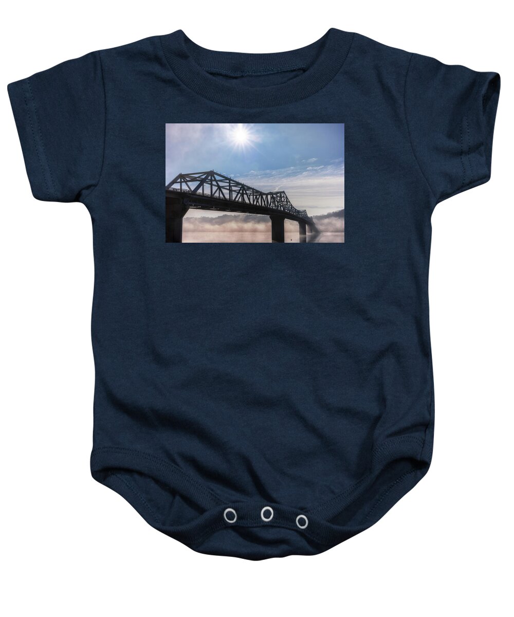 Bridge Baby Onesie featuring the photograph Fog Clearing at the Bridge by Susan Rissi Tregoning
