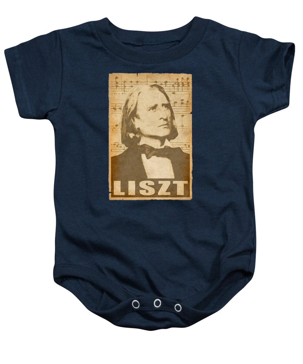 Franz Baby Onesie featuring the digital art Franz Liszt musical notes by Megan Miller