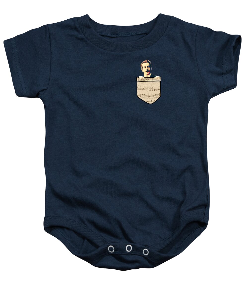 Giacomo Baby Onesie featuring the digital art Giacomo Puccini In My Pocket by Megan Miller