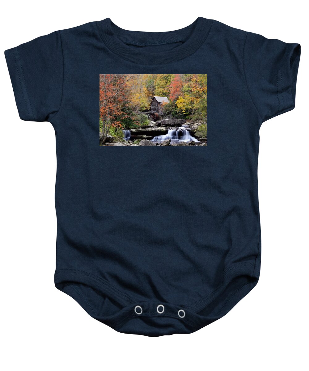 Glade Creek Baby Onesie featuring the photograph Glade Creek Grist Mill by Chris Berrier