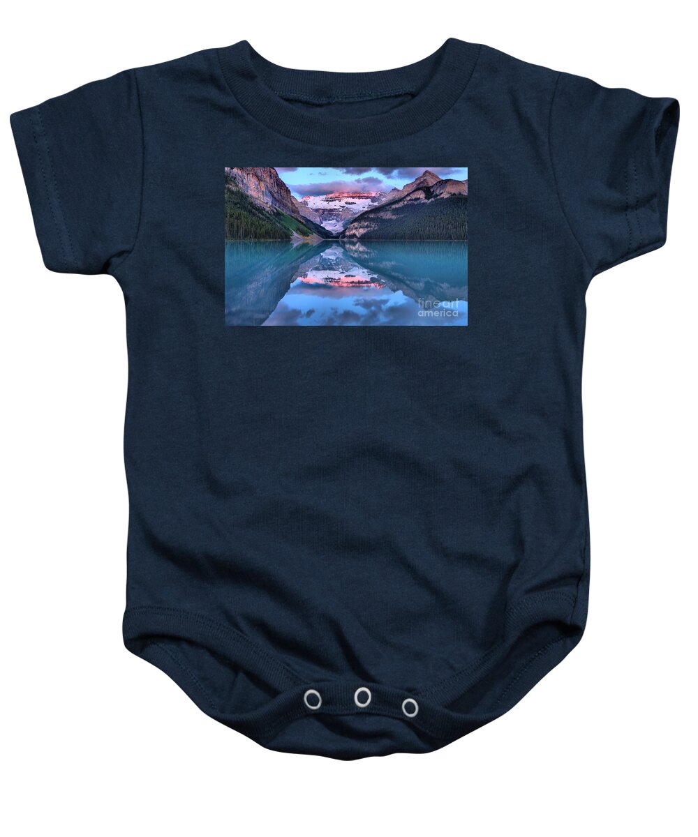 Lake Baby Onesie featuring the photograph Glowing Victoria Glacier Sunrise Panorama by Adam Jewell