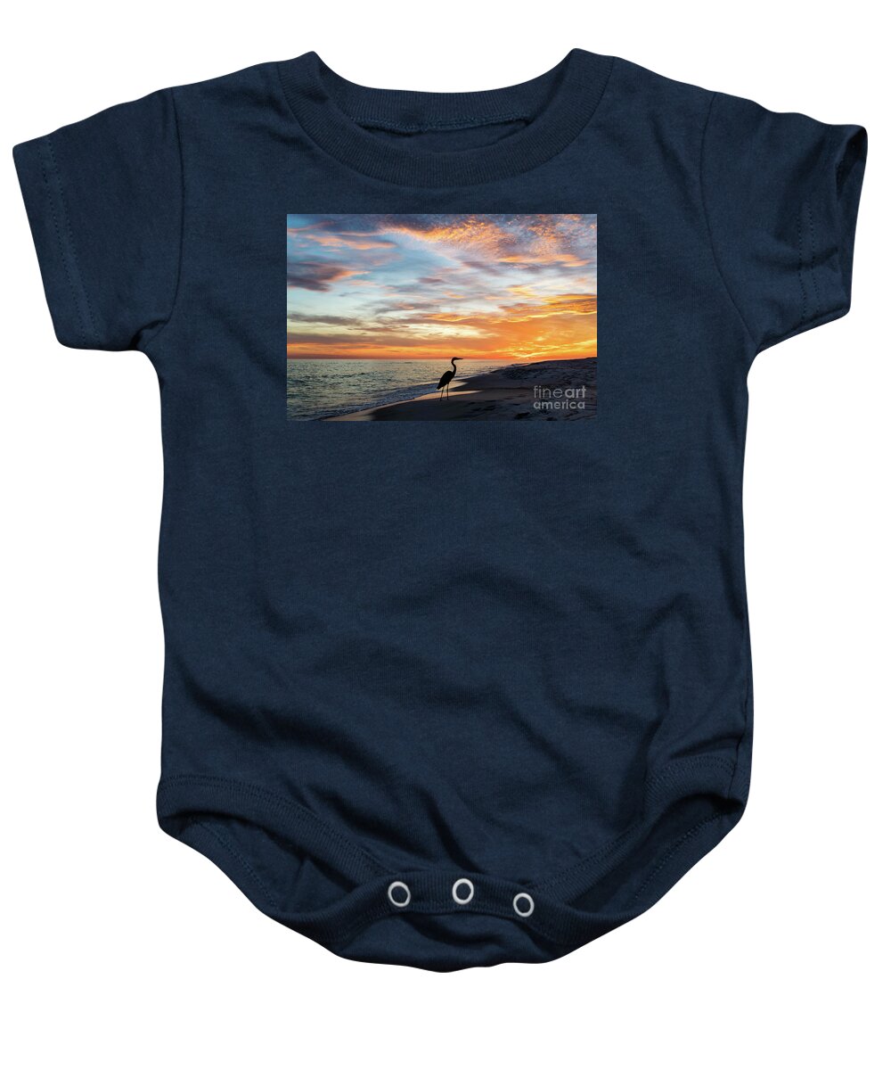 Great Baby Onesie featuring the photograph Great Blue Heron on the Beach at Sunset by Beachtown Views