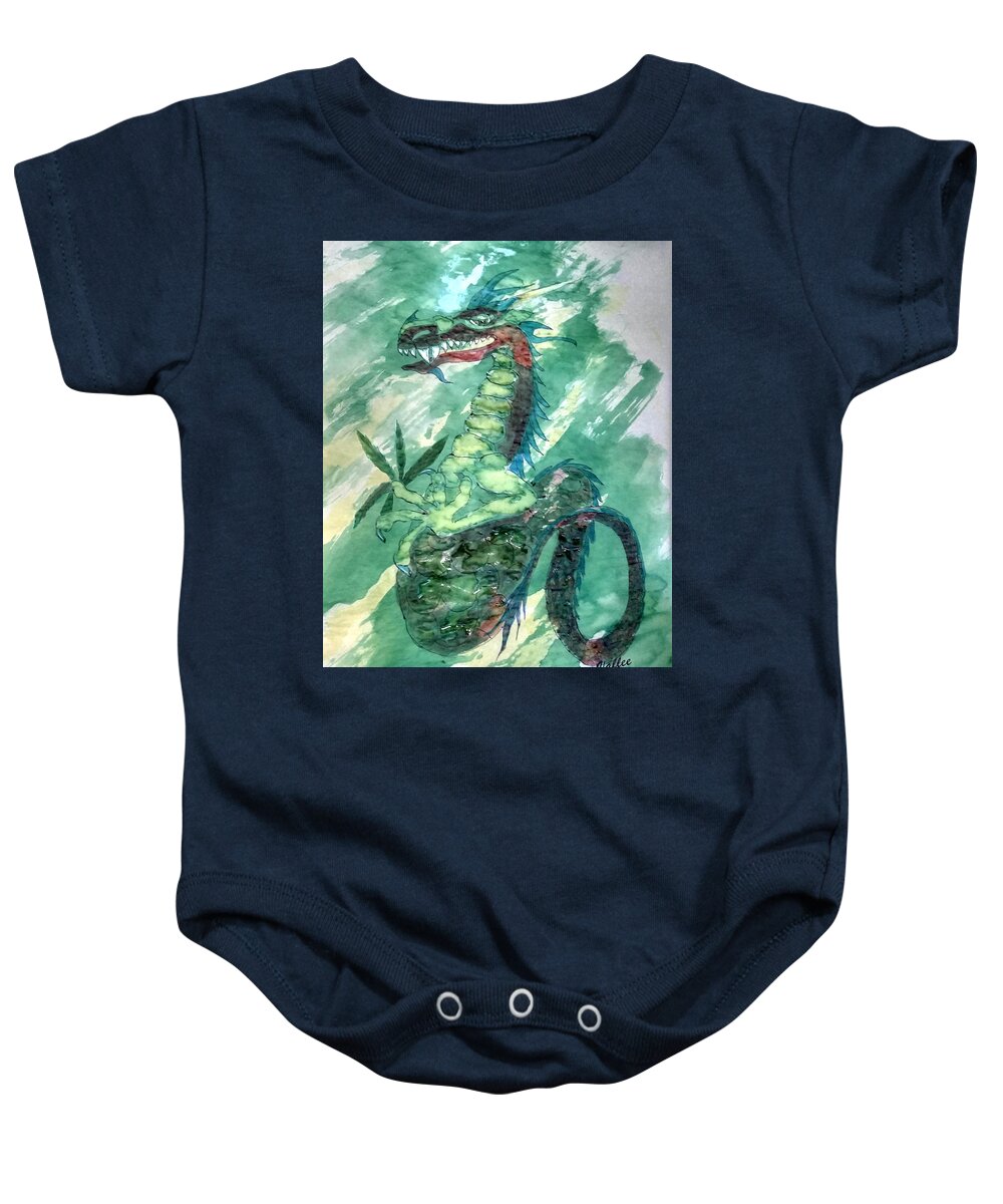 Dragon Baby Onesie featuring the painting Green Dragon by Vallee Johnson