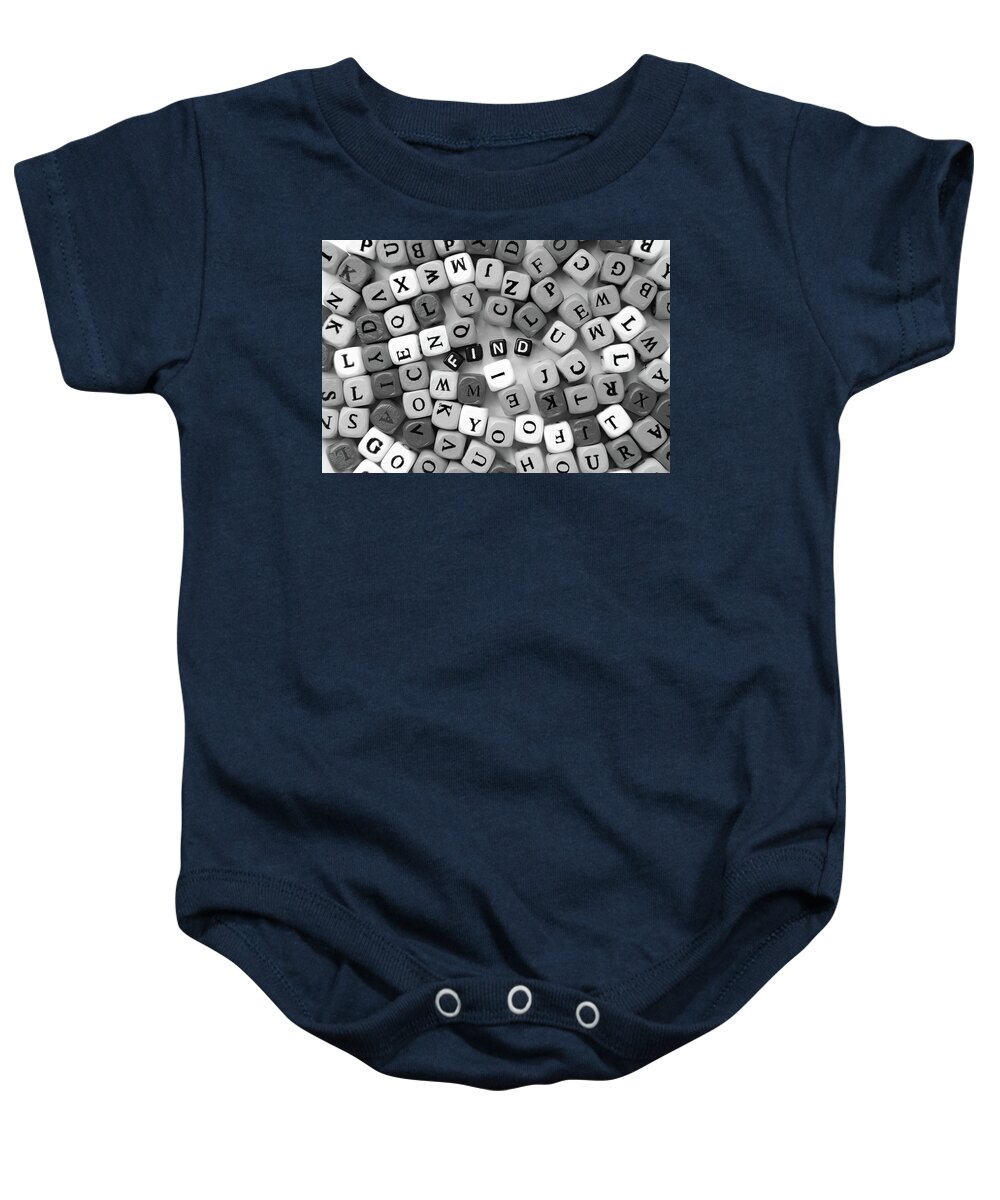 Find Baby Onesie featuring the photograph Grey Mixed Letters And Black Word Find by Severija Kirilovaite