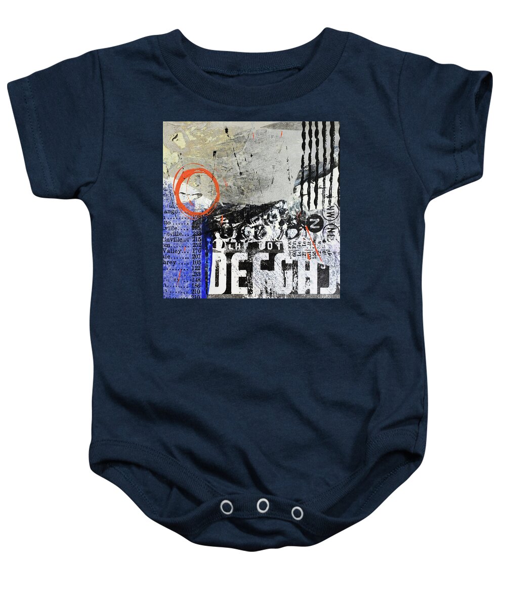 Grunge Baby Onesie featuring the mixed media GRUNGE Abstract Collage in Blue Black White Words Numbers by Lynnie Lang