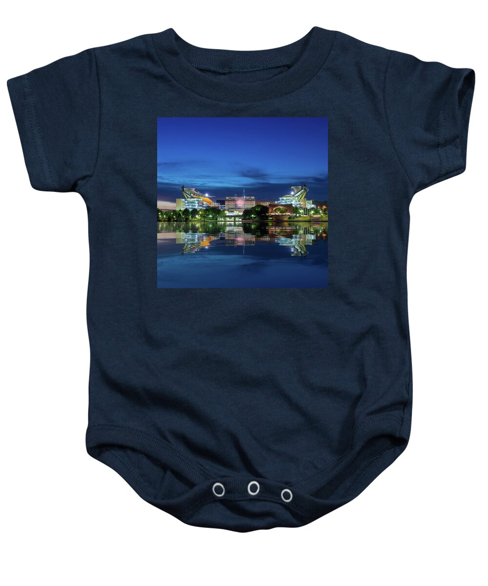 Heinz Field Baby Onesie featuring the photograph Heinz Field sports arena at night in reflection by Steven Heap