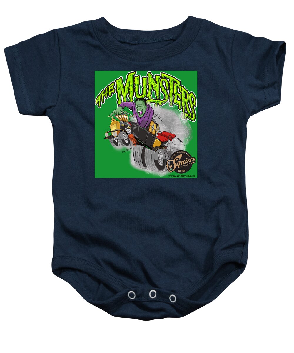 Hot Rod Baby Onesie featuring the digital art Herman Munster by Mark Jewell