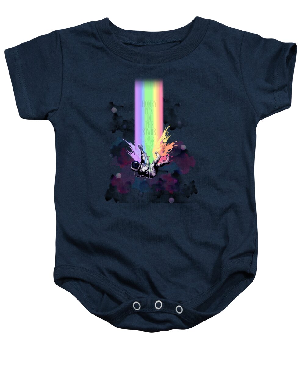 Space Baby Onesie featuring the drawing Honey It's In The Stars by Ludwig Van Bacon