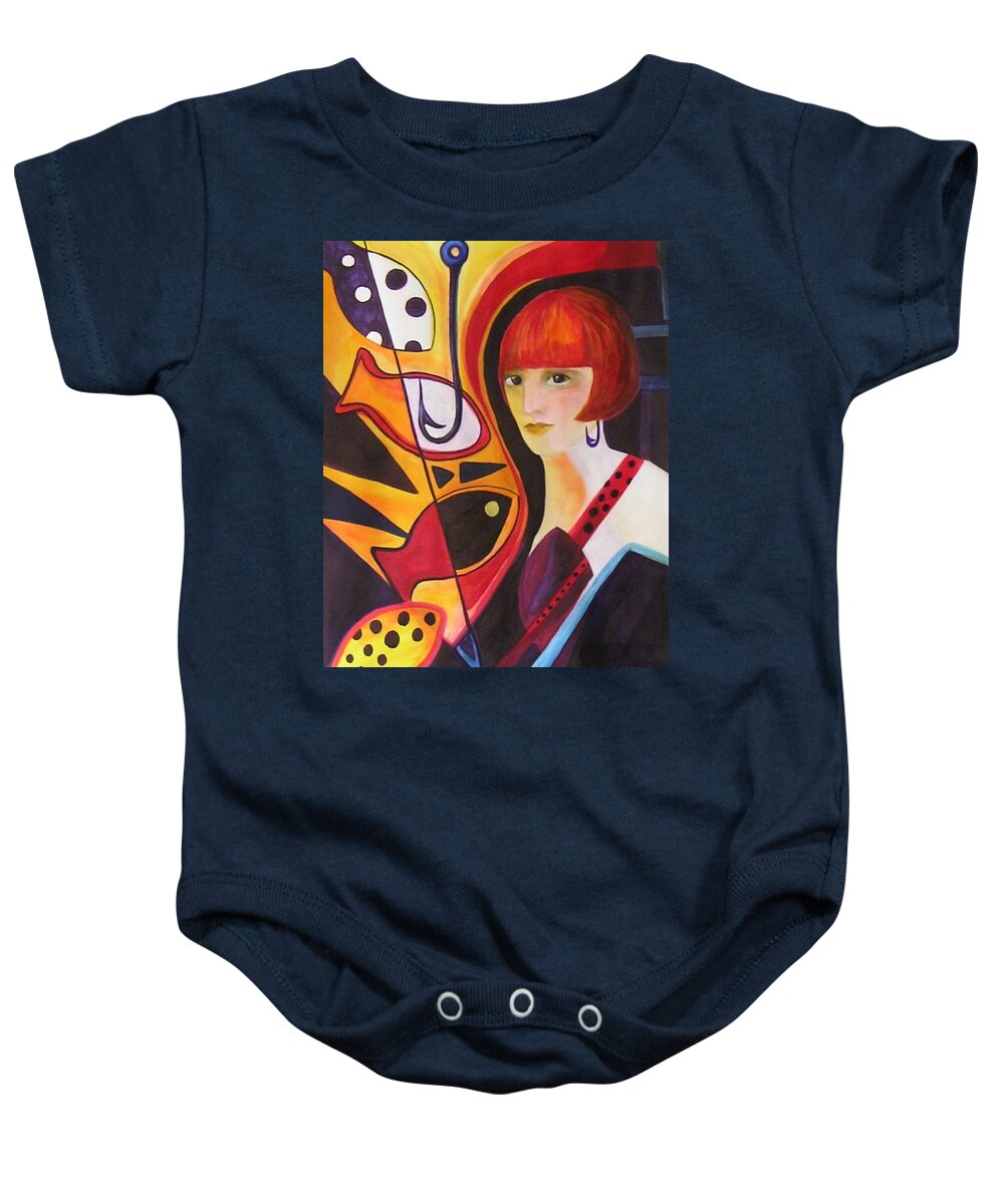 Woman Baby Onesie featuring the painting Hooked by Carolyn LeGrand