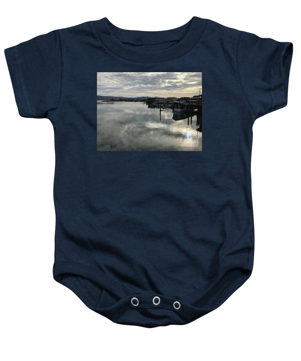 Houseboat Baby Onesie featuring the photograph Houseboats floating in the Sunset by Manuela's Camera Obscura