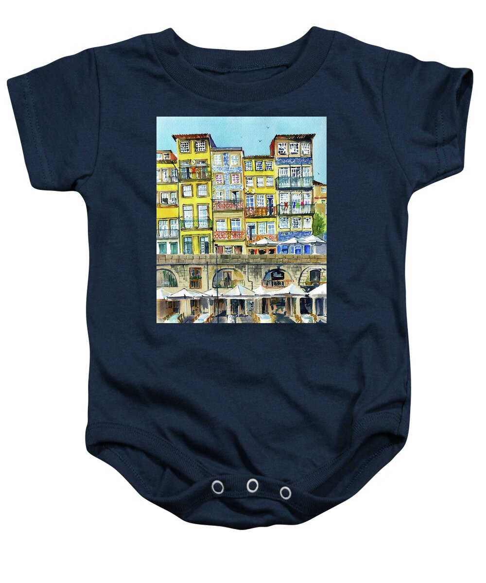 Porto Baby Onesie featuring the painting Houses of Porto Ribeira by Dora Hathazi Mendes