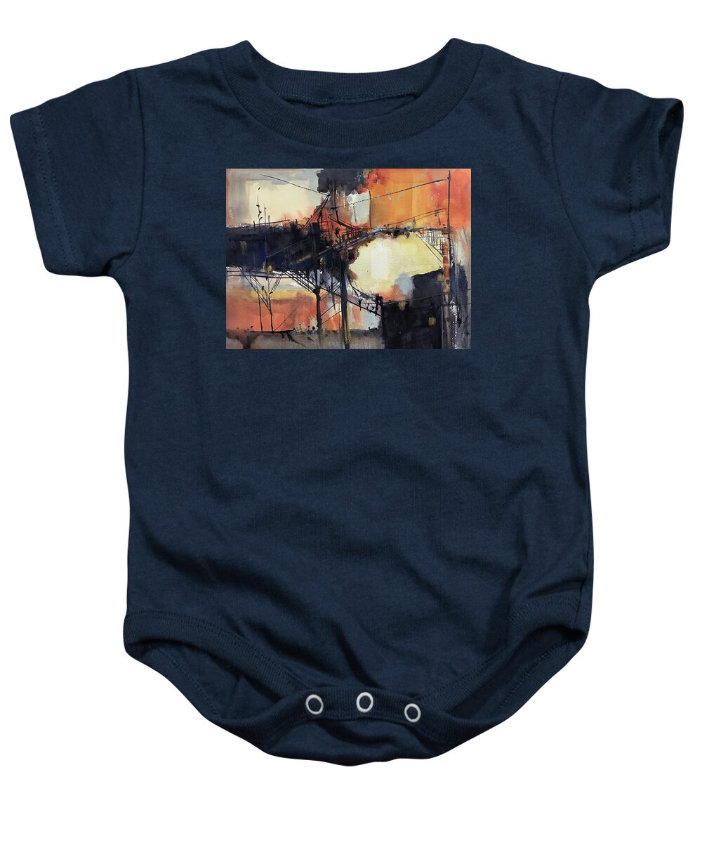 Watercolor Baby Onesie featuring the painting Industrial Sunset by Judith Levins