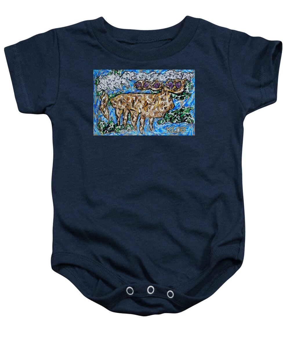 Irish Elk Baby Onesie featuring the mixed media Irish Elk In Field By Lake At Twilight by Kevin OBrien