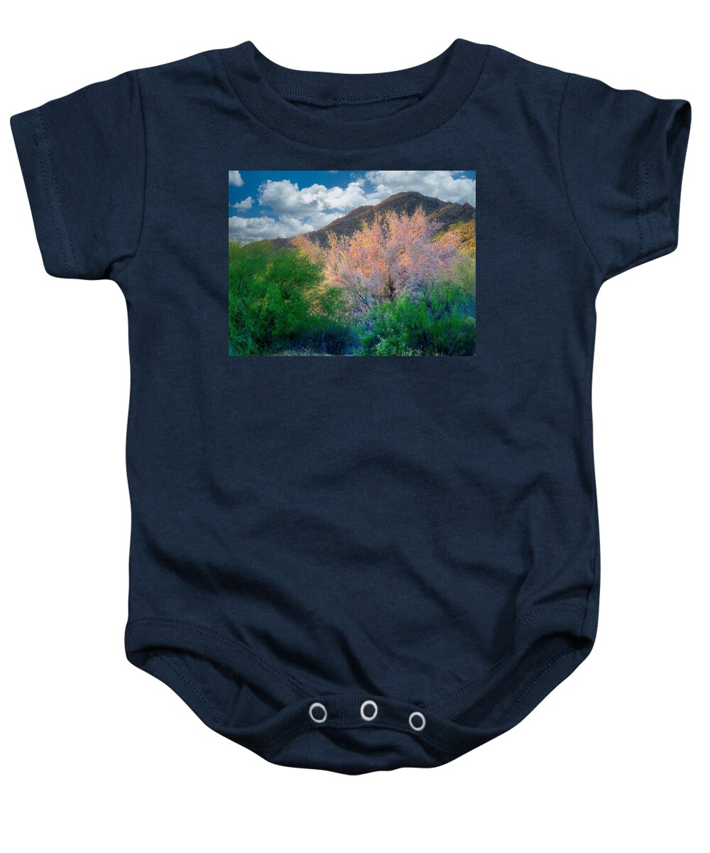 Waywardmuse Baby Onesie featuring the photograph Ironwood Flame by Judy Kennedy