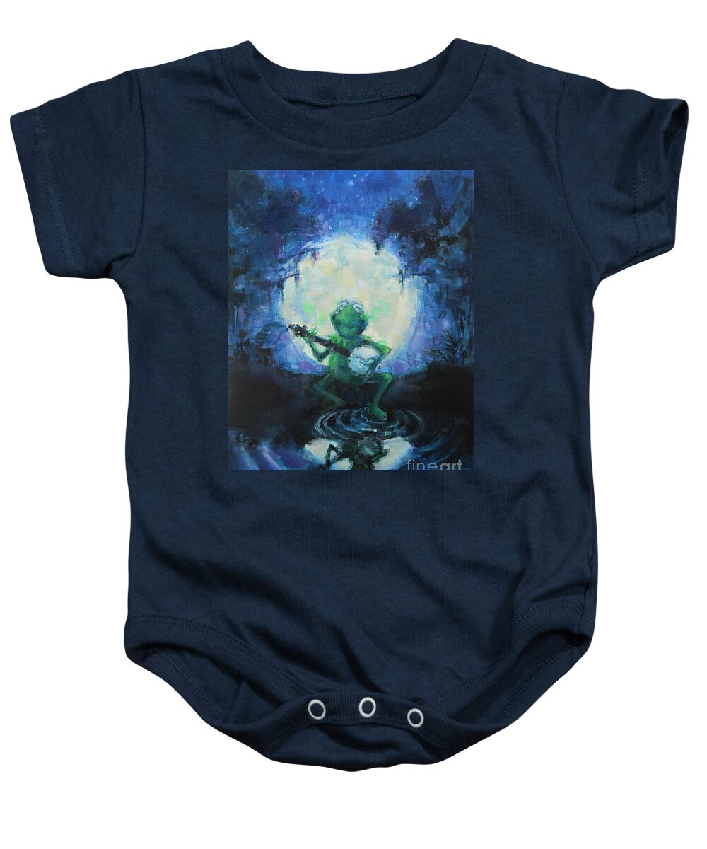 Muppets Baby Onesie featuring the painting Kermit Under The Moon by Dan Campbell