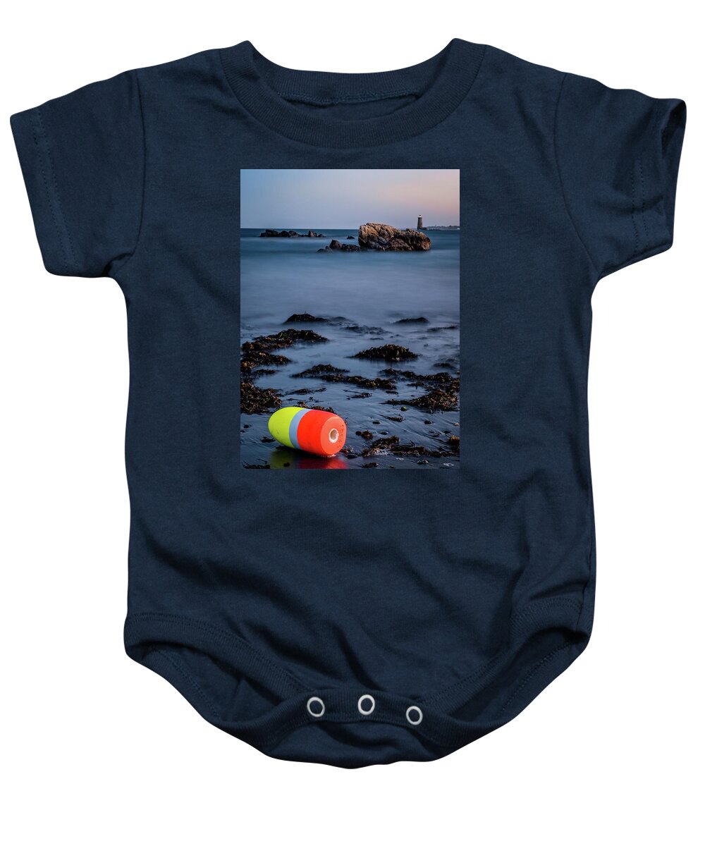 Bay Baby Onesie featuring the photograph Lobster Buoy And The Lighthouse by Jeff Sinon