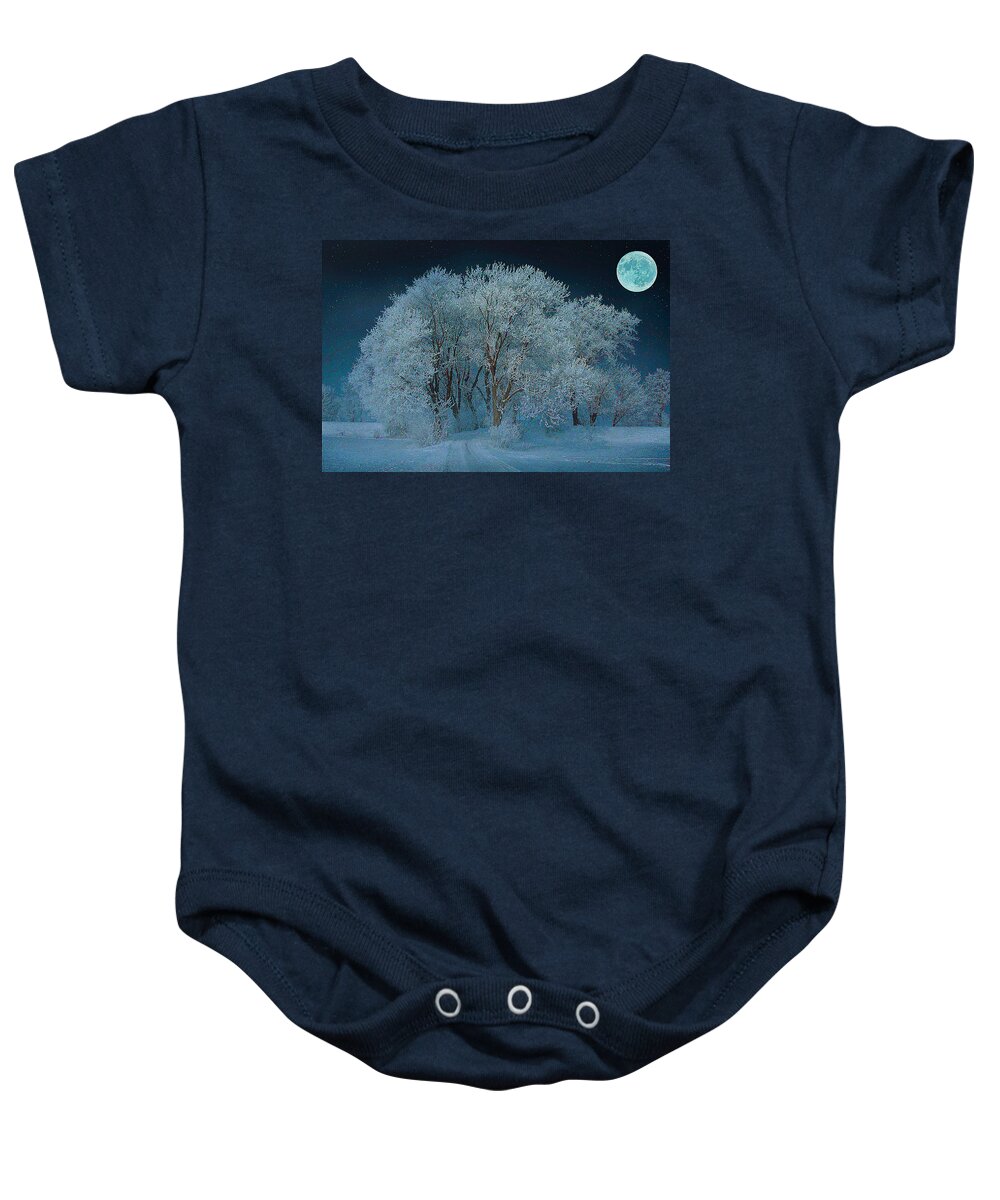 Winter Night Baby Onesie featuring the mixed media Magical Winter Night by Alex Mir