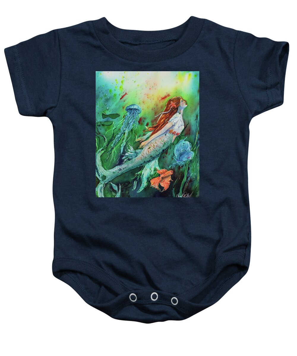 Mermaid Baby Onesie featuring the painting Mermaid by Cheryl Prather