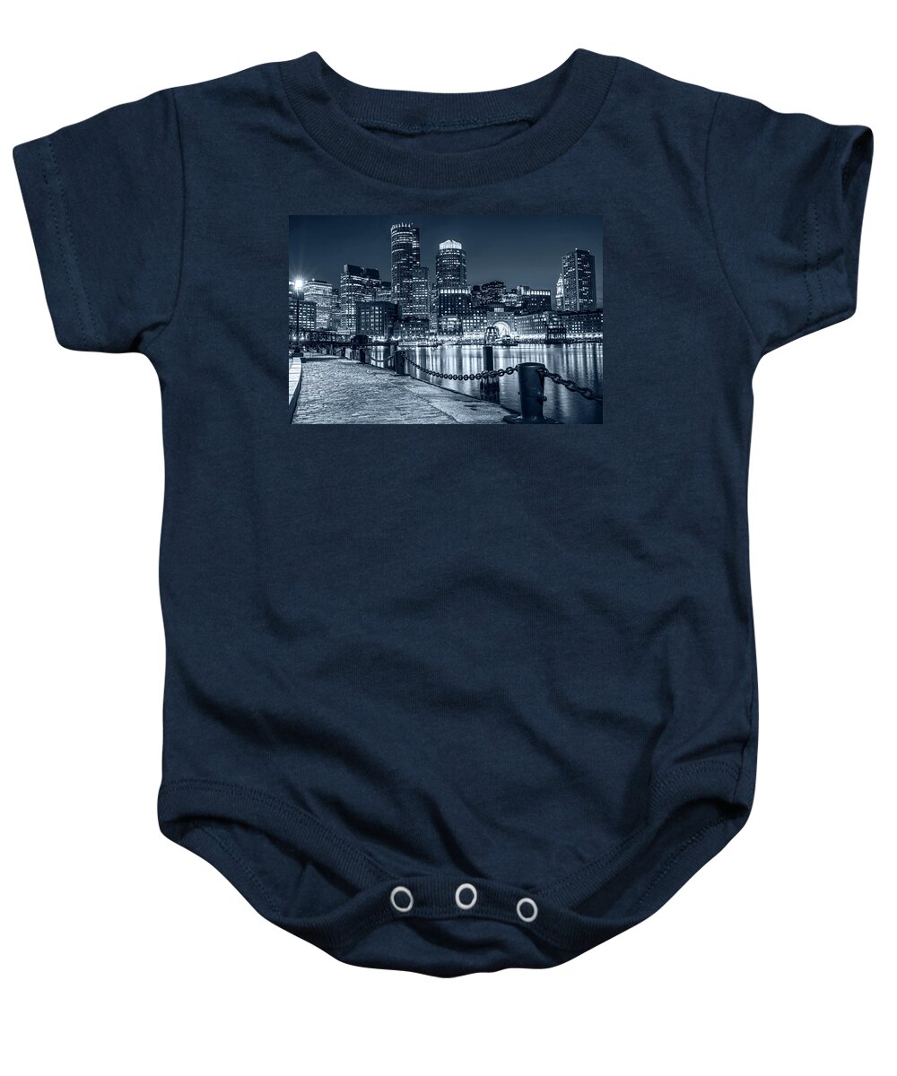 Boston Baby Onesie featuring the photograph Monochrome Blue Boston Waterfront Boston Skyline Boston MA by Toby McGuire