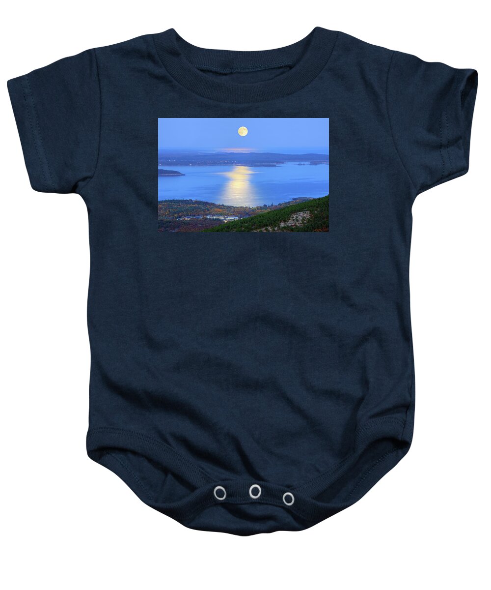 Acadia Baby Onesie featuring the photograph Moon over Bar Harbor 6083 by Greg Hartford