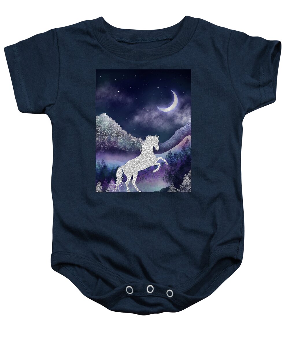 Horse Baby Onesie featuring the painting Moonlit Wild Horse by Rachel Emmett