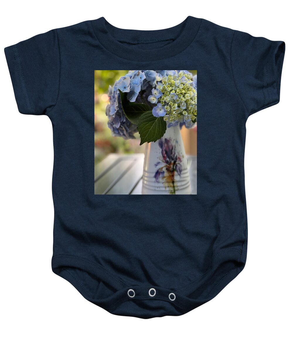 Still Life Baby Onesie featuring the photograph Morning Hydrangeas Bouquet by Bonnie Bruno